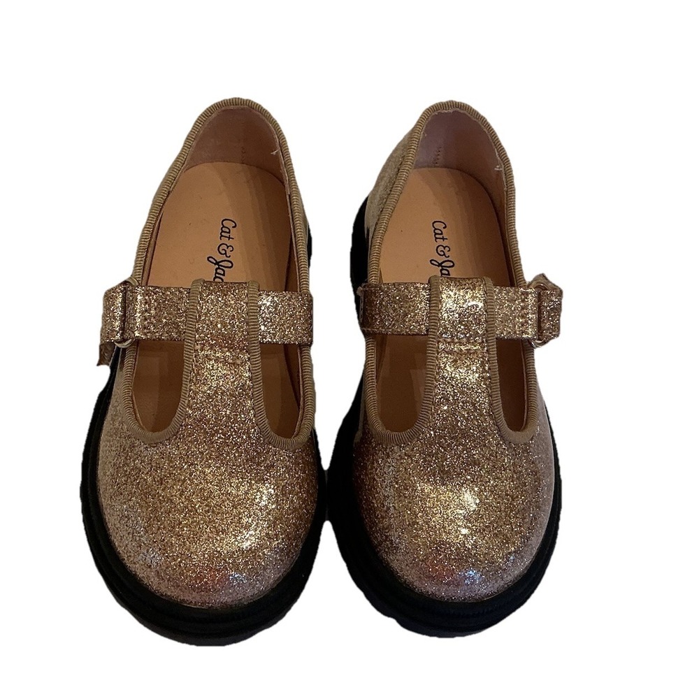 Cat & Jack Girls Gold Glitter Mary Jane T-Strap Dress Shoes Size 6 Toddler